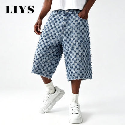 Men's Checkerboard Fringe Denim Shorts – Loose Wide Leg
