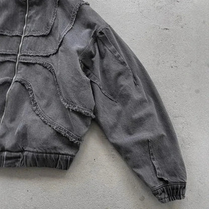 Mens Hoodie Harajuku American Street Streetwear Washed Distressed Zip Up Hooded Sweatshirt Loose Fit
