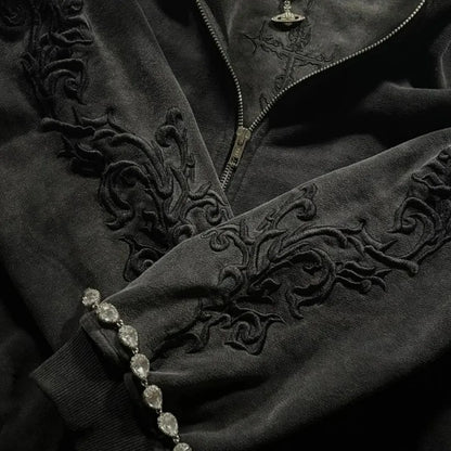 Vine Embroidered Zip-Up Hoodie – Unisex Gothic Streetwear Sweatshirt