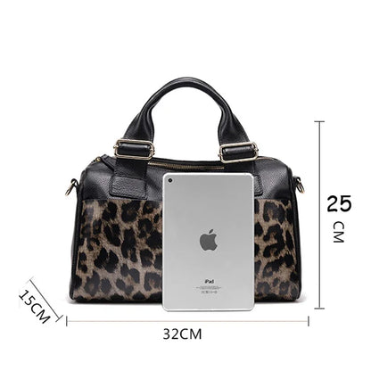 Leopard Genuine Leather Boston Crossbody Bag for Women