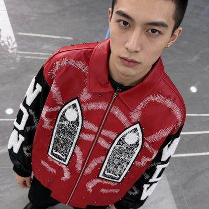 Embroidered PU Leather Bomber Jacket – Men's Hip Hop Streetwear Coat