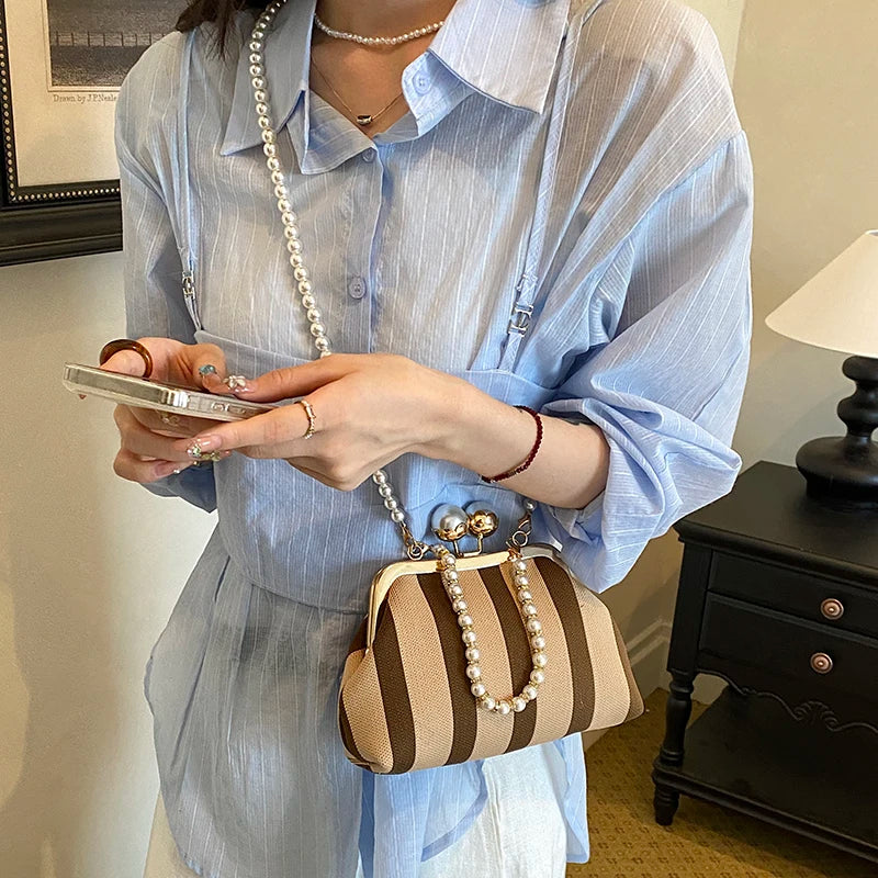 Pearl Chain Kisslock Handbag – Striped Fabric Evening Bag