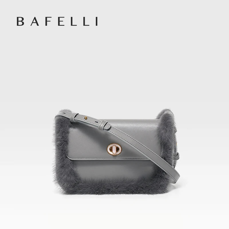Fur Trim Genuine Leather Crossbody Shoulder Bag