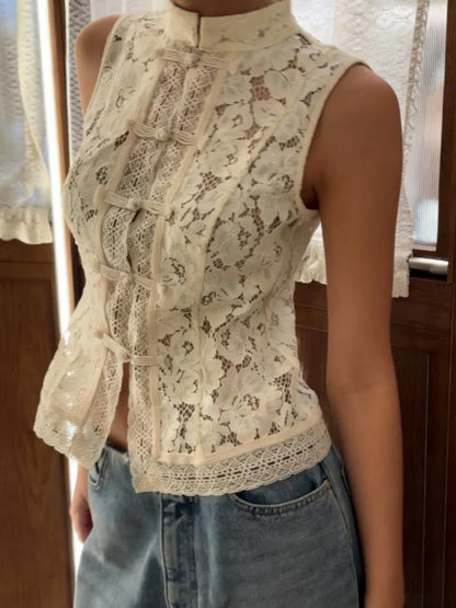 Sheer Lace Sleeveless Top – Mandarin Collar Frog Button