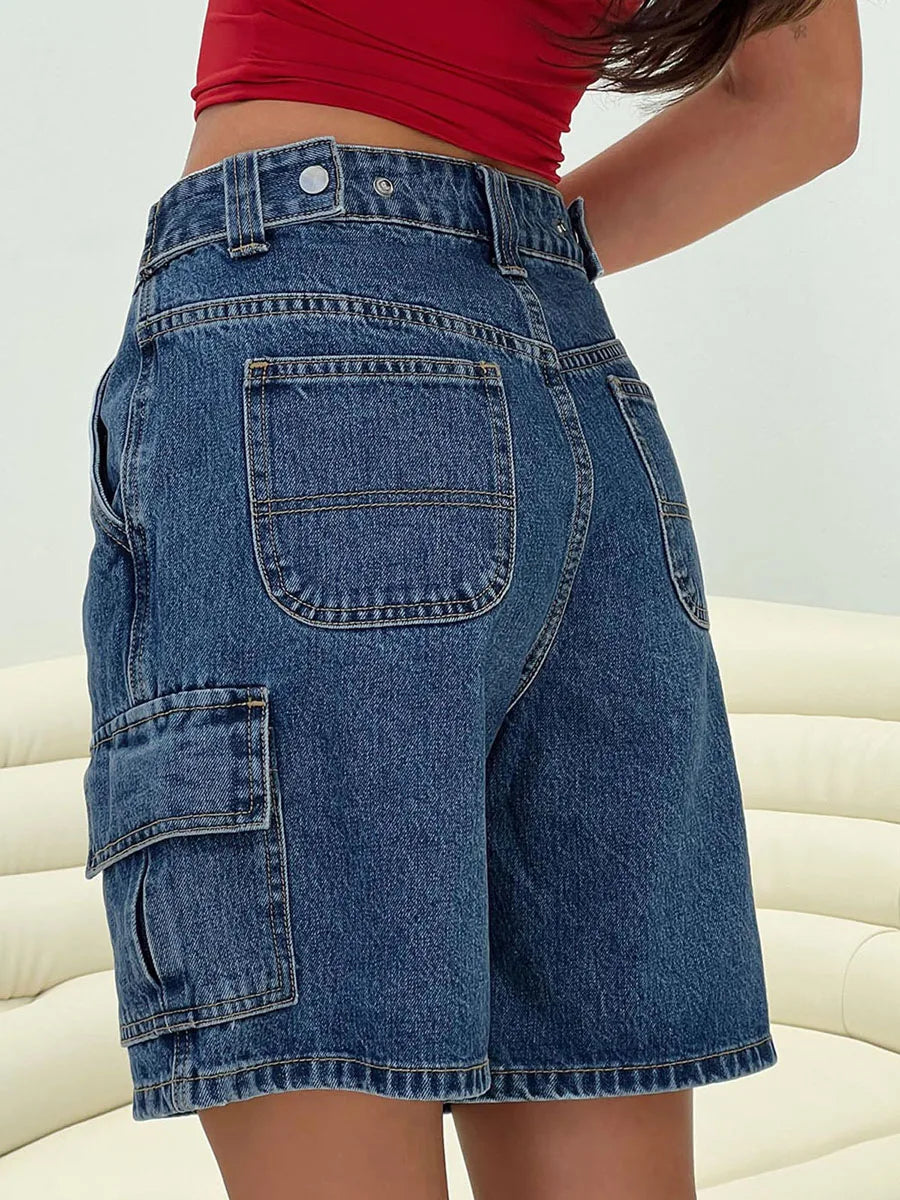 Y2K Cargo Denim Shorts Women – Loose Wide Leg Mid Rise