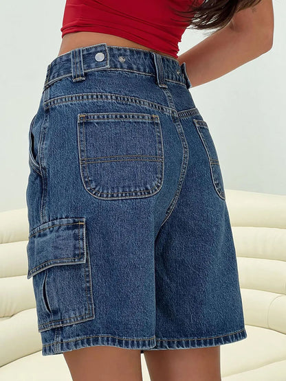 Y2K Cargo Denim Shorts Women – Loose Wide Leg Mid Rise