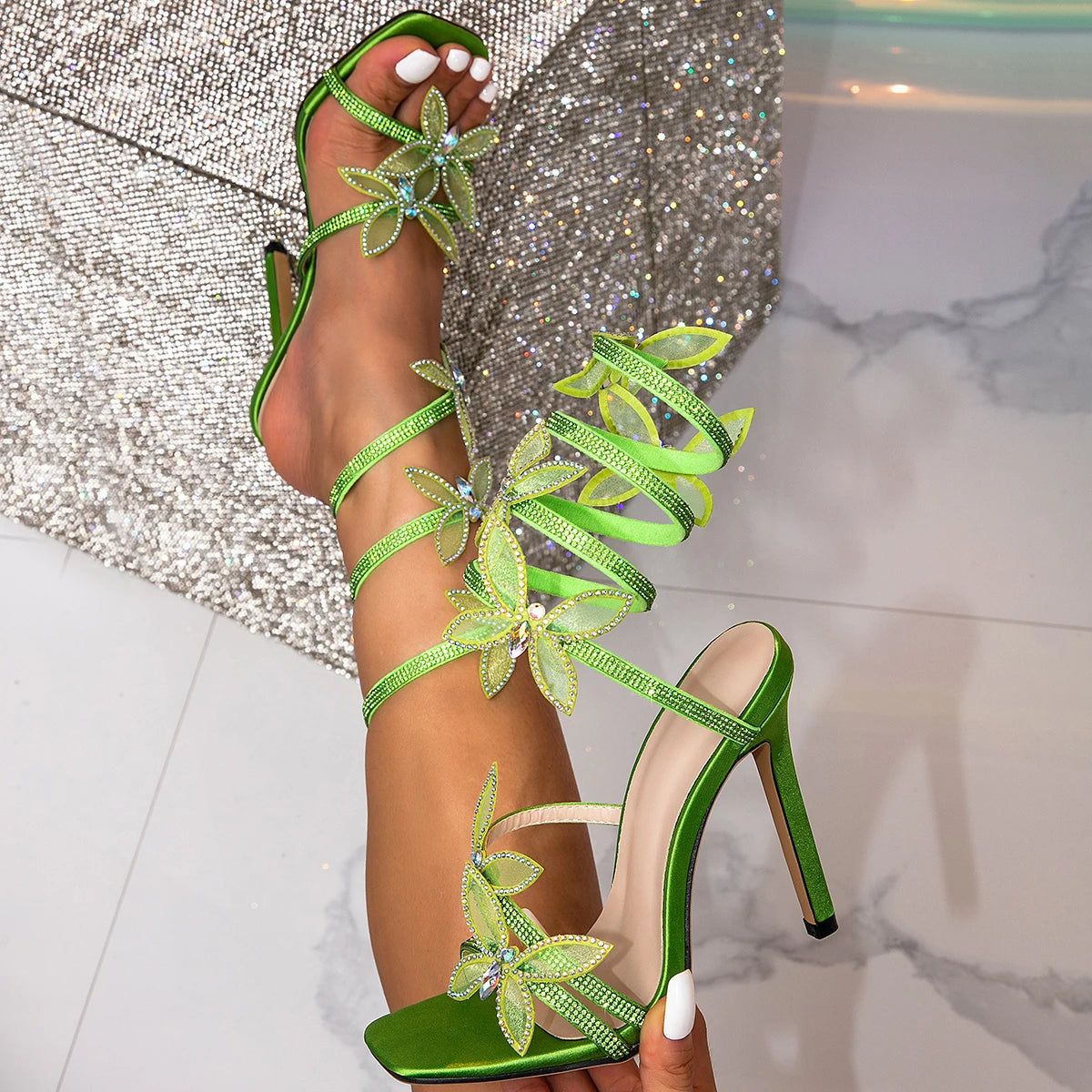 Crystal Butterfly Ankle Strap Open Toe Stiletto Sandals for Women