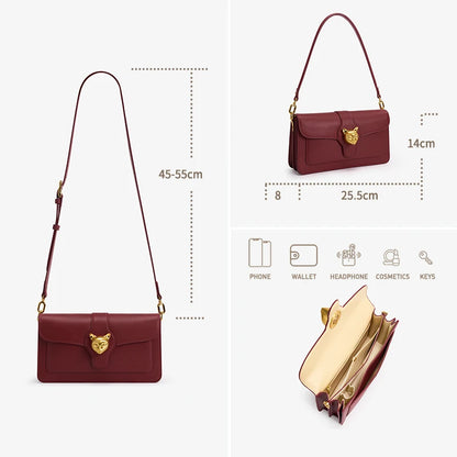 Leather Baguette Crossbody Shoulder Bag with Cat Clasp