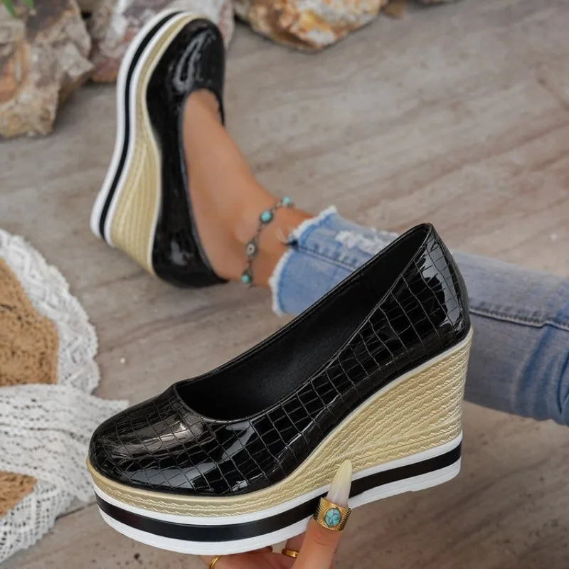 Round Toe Wedge Heels – Women's Patent Leather Pumps