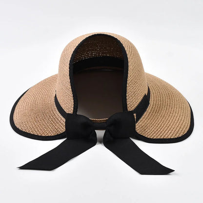Wide Brim Straw Sun Hat with Black Ribbon Bow
