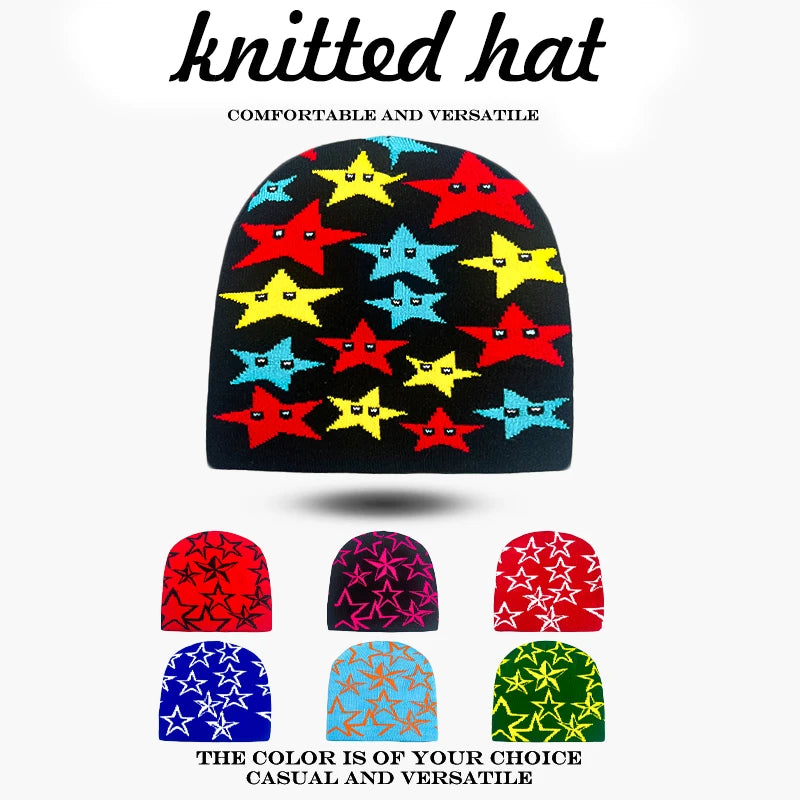 Star Print Beanie Hat – Unisex Hip Hop Knit Cap for Fall & Winter