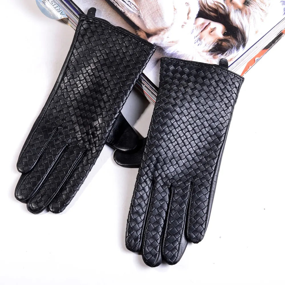 Women's Genuine Leather Gloves – Elegant Woven Design