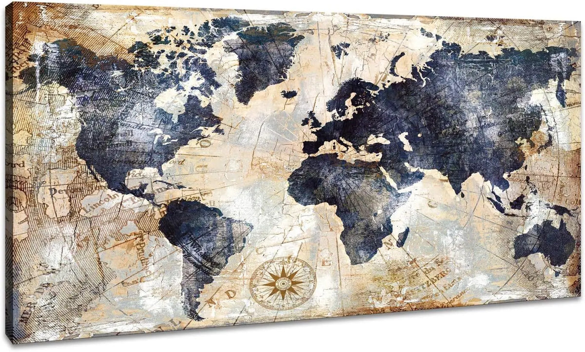 World Map Canvas Wall Art – Vintage Nautical Map Print for Home & Office Decor