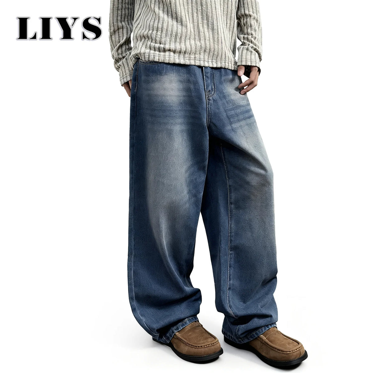 Men's Baggy Jeans – Retro Washed Blue Straight-Leg Denim Pants