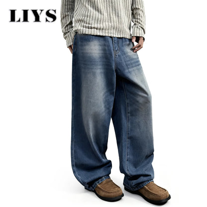 Men's Baggy Jeans – Retro Washed Blue Straight-Leg Denim Pants
