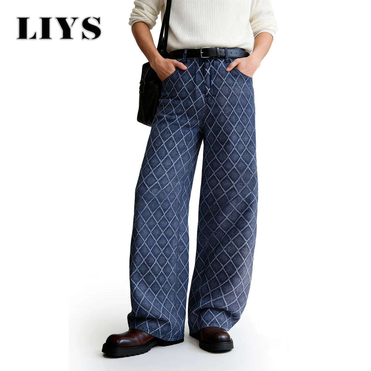 Rhombic Jacquard Baggy Wide Leg Jeans – Korean Retro Blue