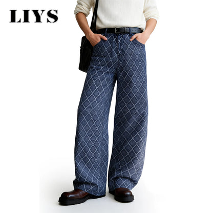 Rhombic Jacquard Baggy Wide Leg Jeans – Korean Retro Blue