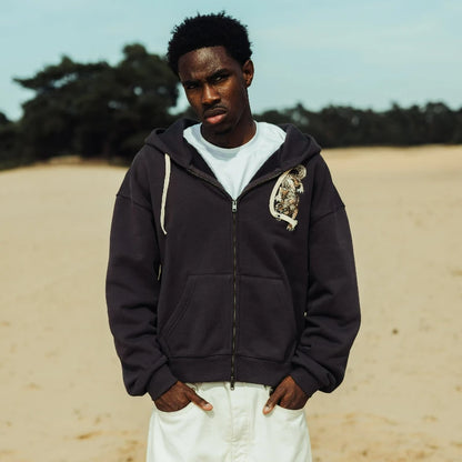 Men's Oversized Wolf Embroidery Zip-Up Hoodie | Heavyweight Fleece