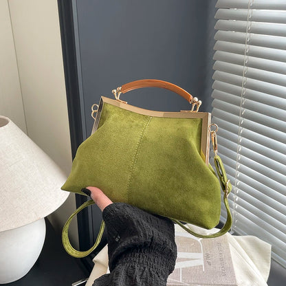 Suede Frame Bag with Wooden Handle for Women – Vintage Retro