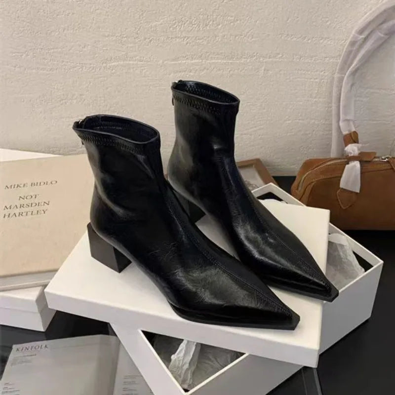 Women's Pointed Toe Ankle Boots – Square Mid Heel Short Boots