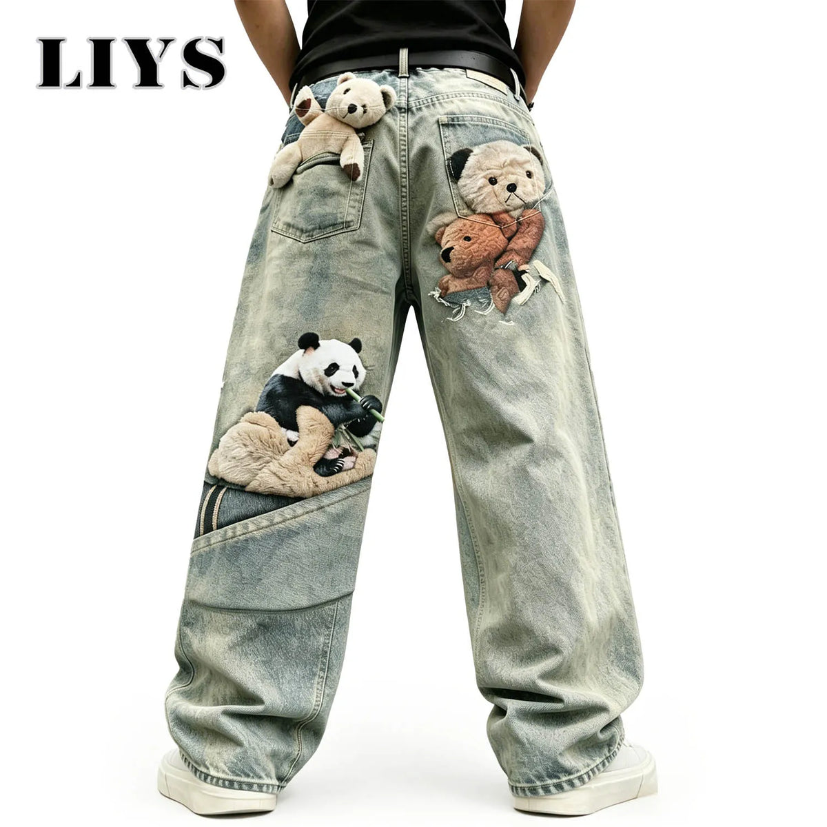 Panda & Teddy Bear Print Wide Leg Jeans – LIYS Streetwear
