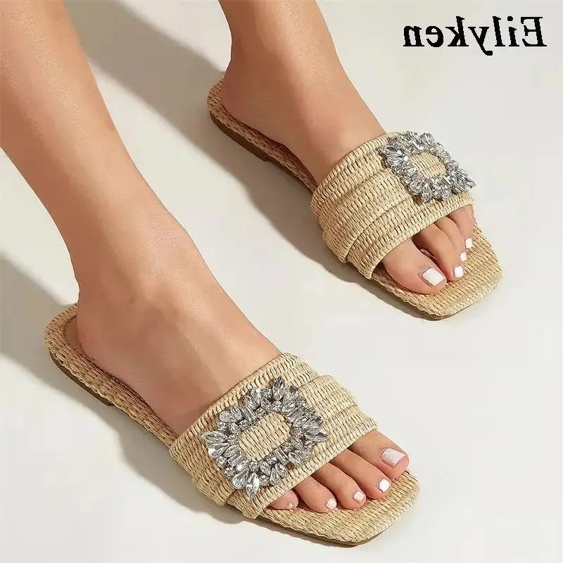Rhinestone Crystal Woven Flat Slide Sandals – Women's Summer Slippers