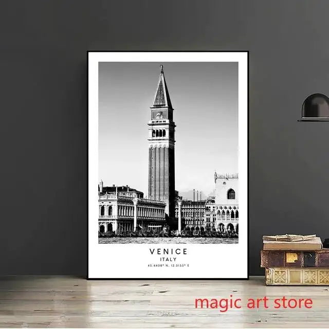 City Travel Poster – Black & White Landmark Wall Art Print for Home Decor