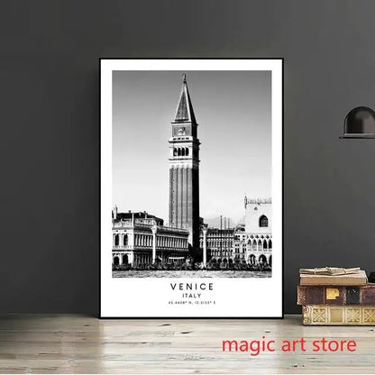 City Travel Poster – Black & White Landmark Wall Art Print for Home Decor