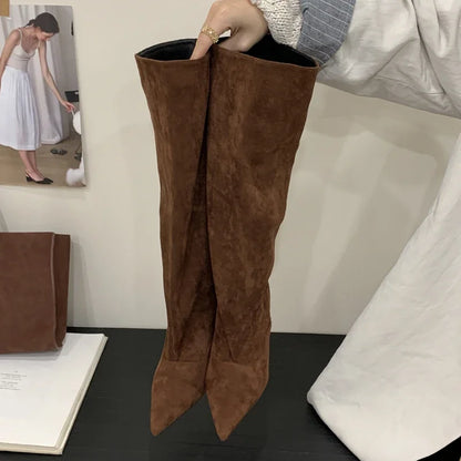 Women's Knee-High Stiletto Boots – Pointed Toe Suede Heels
