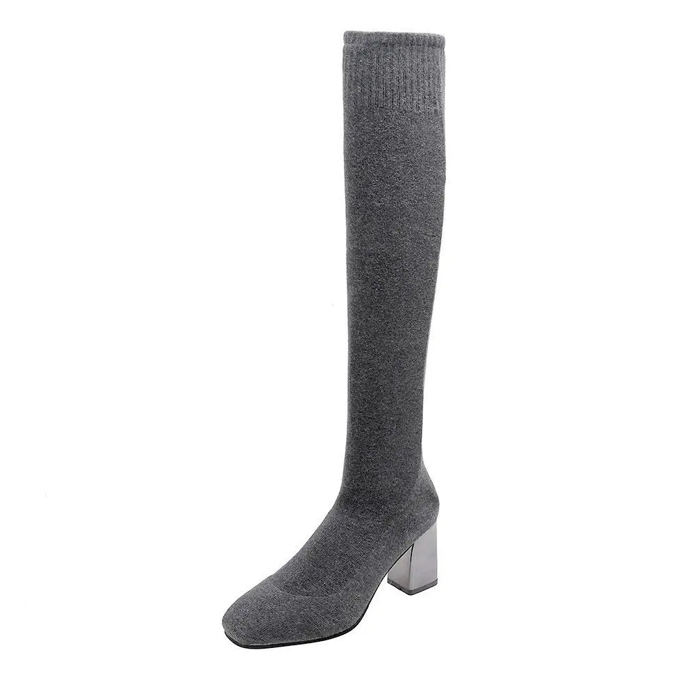 Women's Over-the-Knee Knit Boots – Elastic Block Heel