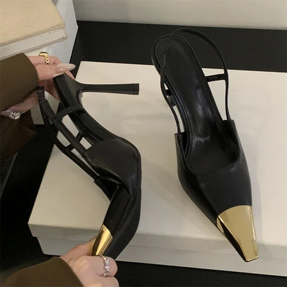 Pointed Toe Slingback Pumps Women Stiletto Heels Metal Toe Cap