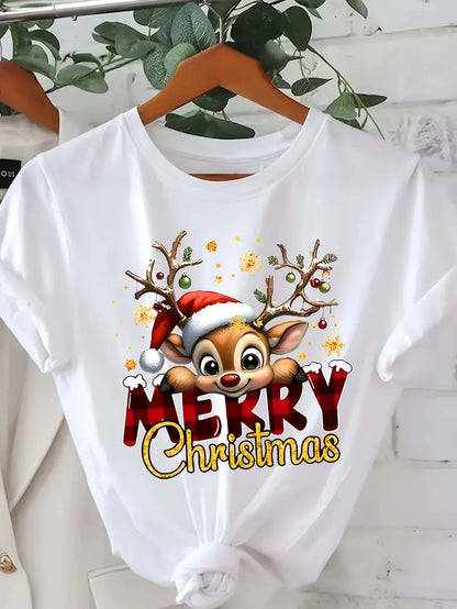 Women's Christmas Deer Graphic T-Shirt – Festive Crew Neck Tee
