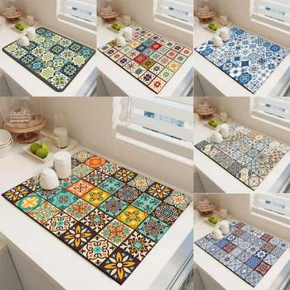 Dish Drying Mat – Boho Vintage Tile Absorbent Non-Slip Kitchen Mat