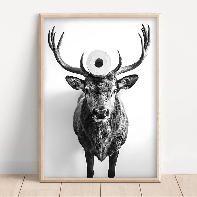 Funny Bathroom Wall Art Poster – Black & White Animal Toilet Paper Print