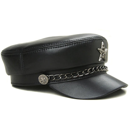 Real Leather Military Hat – Unisex Retro Motorcycle Cap with Chain