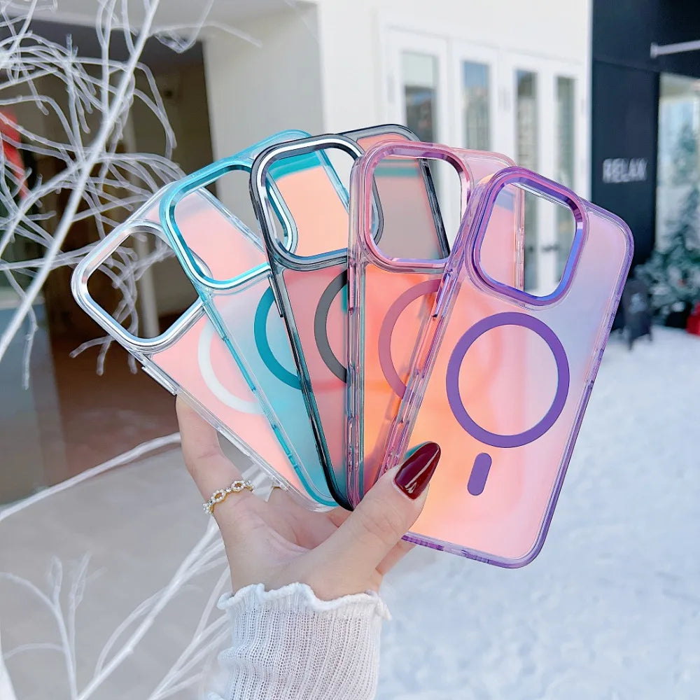 MagSafe Clear Aurora iPhone Case – Metal Lens Frame, Wireless Charging