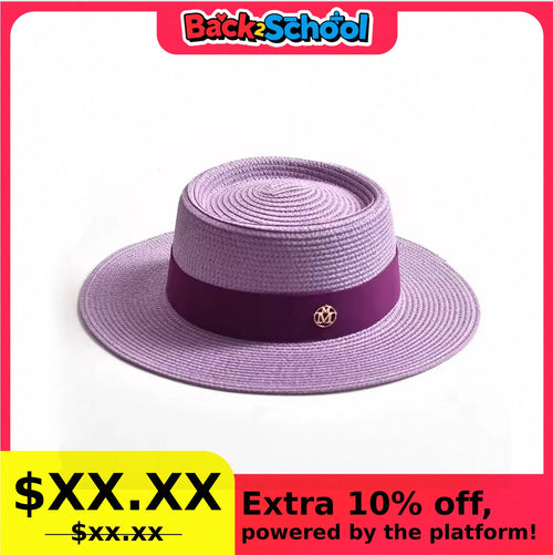 Women's Straw Sun Hat Flat Brim Ribbon Beach Hat