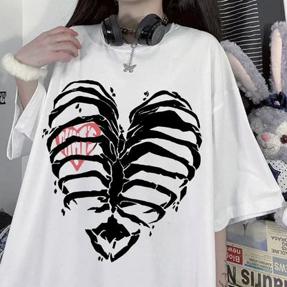 Skeleton Heart Graphic Tee Women Harajuku Y2K Punk Gothic Slim Fit