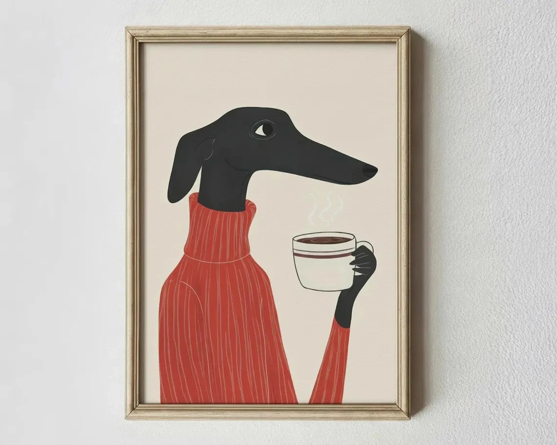 Greyhound with Coffee Canvas Wall Art Print – Whimsical Dog Poster