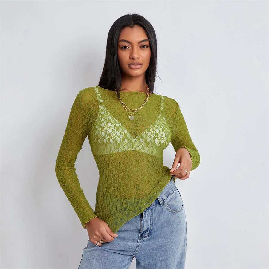 Sheer Lace Top Women Long Sleeve O-Neck Slim Fit Pullover