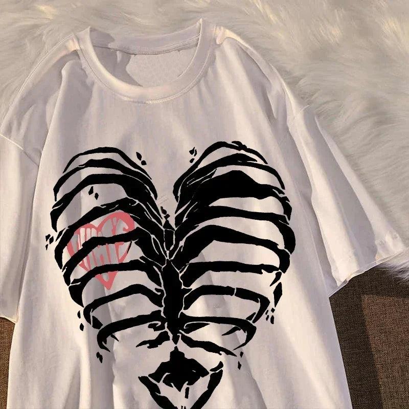 Skeleton Heart Graphic Tee Women Harajuku Y2K Punk Gothic Slim Fit