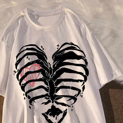 Skeleton Heart Graphic Tee Women Harajuku Y2K Punk Gothic Slim Fit