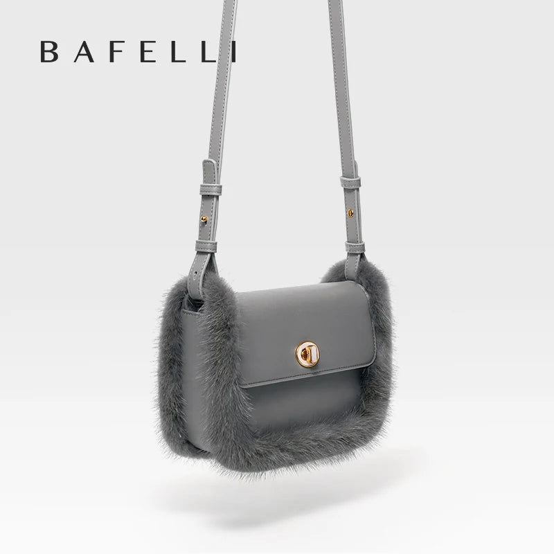 Fur Trim Genuine Leather Crossbody Shoulder Bag