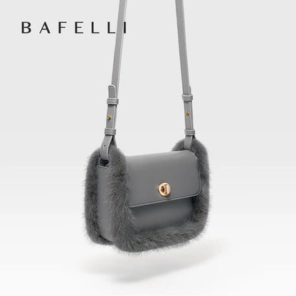 Fur Trim Genuine Leather Crossbody Shoulder Bag