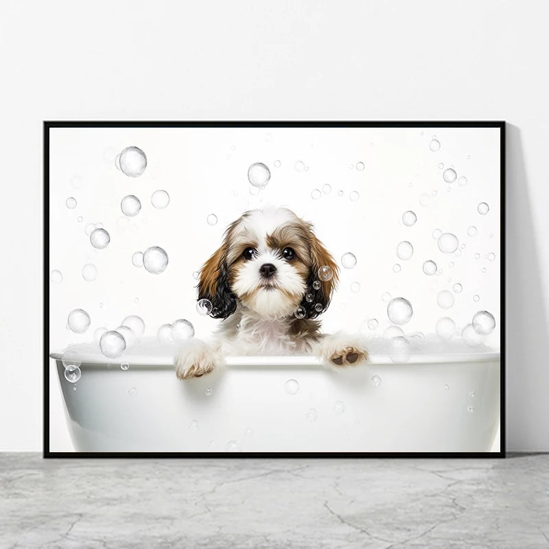 Cute Dog in Bathtub Wall Art Poster – Funny Puppy Canvas Print