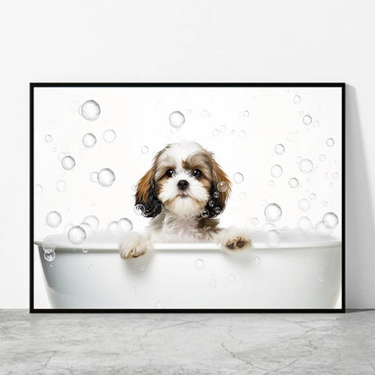 Cute Dog in Bathtub Wall Art Poster – Funny Puppy Canvas Print
