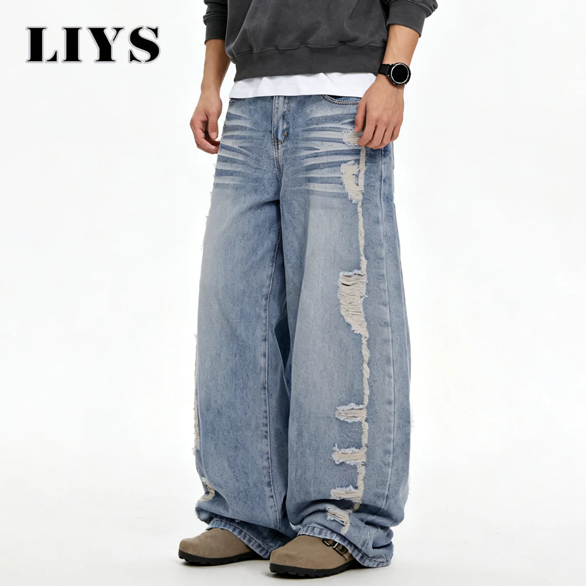Men S American Retro Street Blue Baggy Wide Leg Jeans Korean Side Ripped Loose Personalized Design