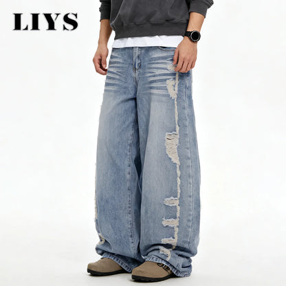 Men S American Retro Street Blue Baggy Wide Leg Jeans Korean Side Ripped Loose Personalized Design