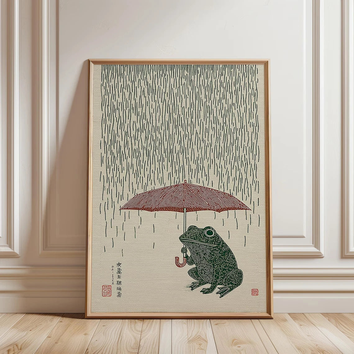 Japanese Frog Umbrella Wall Art Canvas Poster – Woodblock Print Style