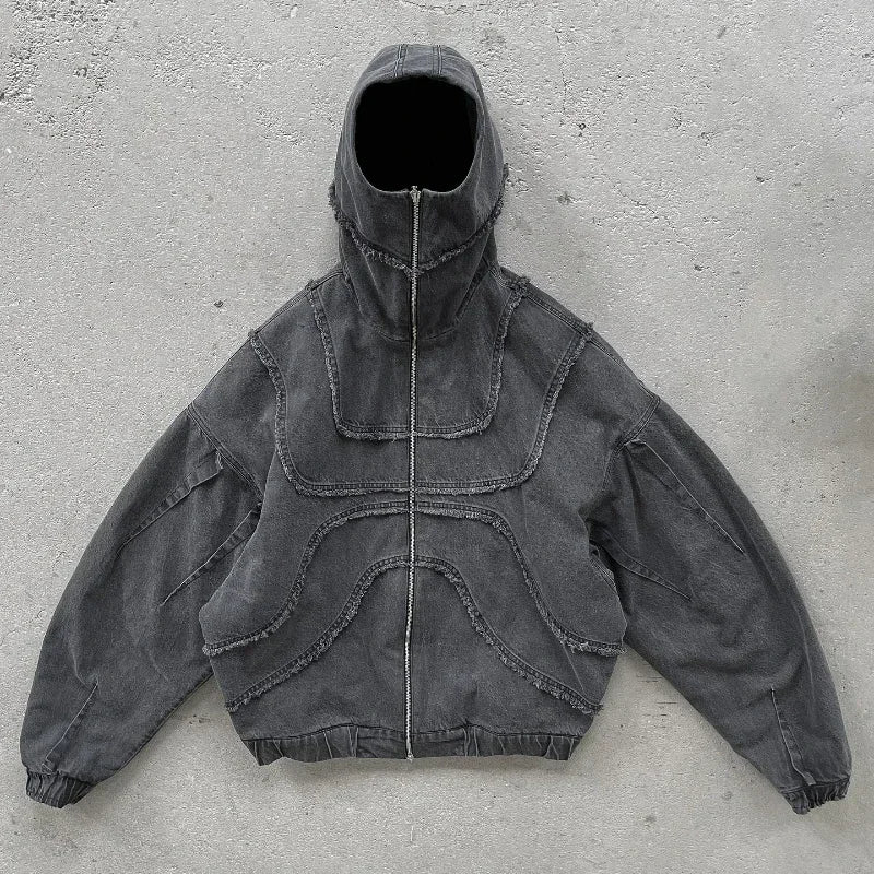 Washed Denim Hooded Jacket Unisex Patchwork Goth Streetwear
